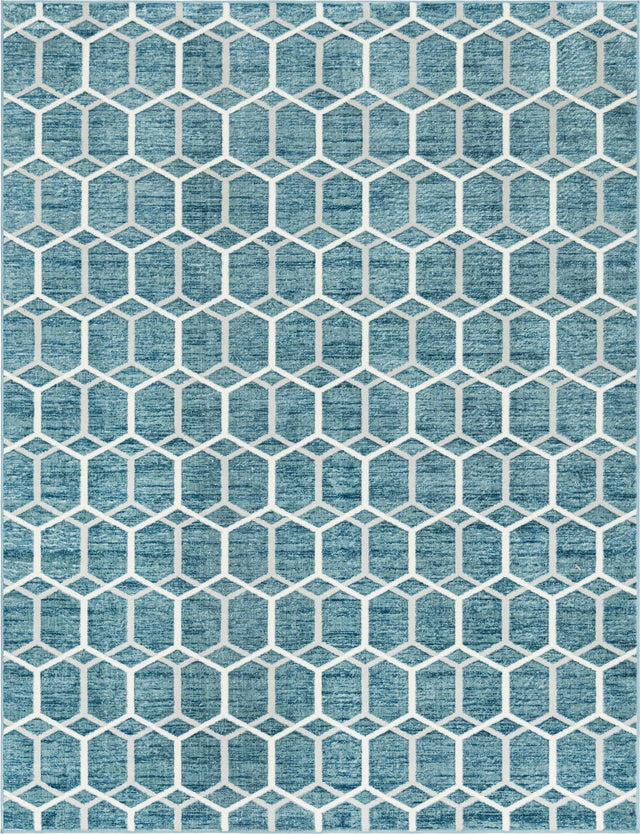 Blue 9' x 12' 2 Matrix Trellis Rectangle Area Rug 100% Polyester Geometric Pattern Modern Carpet for Living, Dining, Bedroom, Office for Sale at Rug Engine