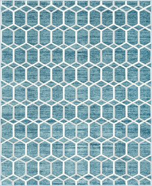 Blue 8' x 10' Matrix Trellis Rectangle Area Rug 100% Polyester Geometric Pattern Modern Carpet for Living, Dining, Bedroom, Office for Sale at Rug Engine