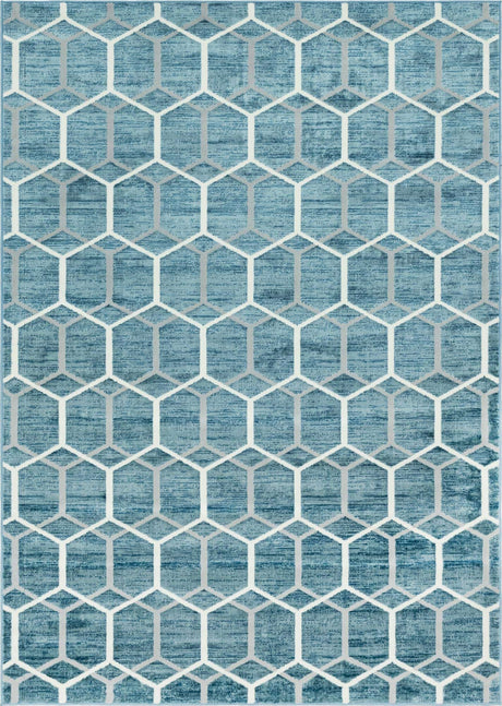 Blue 7' x 10' Matrix Trellis Rectangle Area Rug 100% Polyester Geometric Pattern Modern Carpet for Living, Dining, Bedroom, Office for Sale at Rug Engine