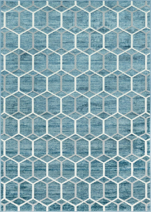 Blue 7' x 10' Matrix Trellis Rectangle Area Rug 100% Polyester Geometric Pattern Modern Carpet for Living, Dining, Bedroom, Office for Sale at Rug Engine