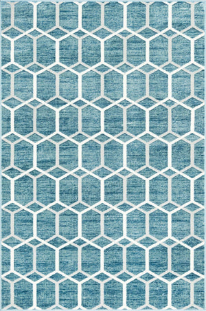 Blue 6' 1 x 9' Matrix Trellis Rectangle Area Rug 100% Polyester Geometric Pattern Modern Carpet for Living, Dining, Bedroom, Office for Sale at Rug Engine