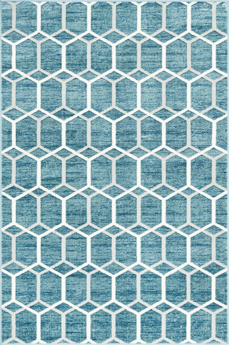 Blue 6' 1 x 9' Matrix Trellis Rectangle Area Rug 100% Polyester Geometric Pattern Modern Carpet for Living, Dining, Bedroom, Office for Sale at Rug Engine