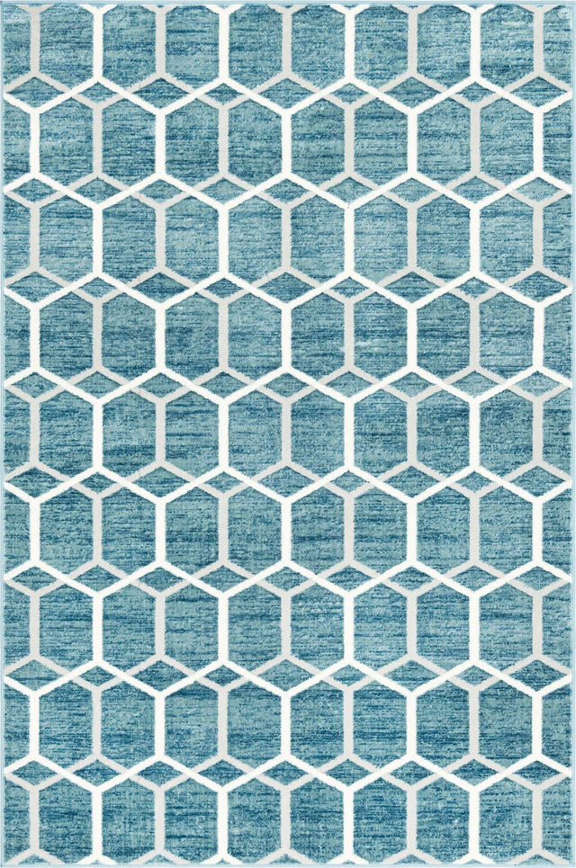 Blue 6' 1 x 9' Matrix Trellis Rectangle Area Rug 100% Polyester Geometric Pattern Modern Carpet for Living, Dining, Bedroom, Office for Sale at Rug Engine