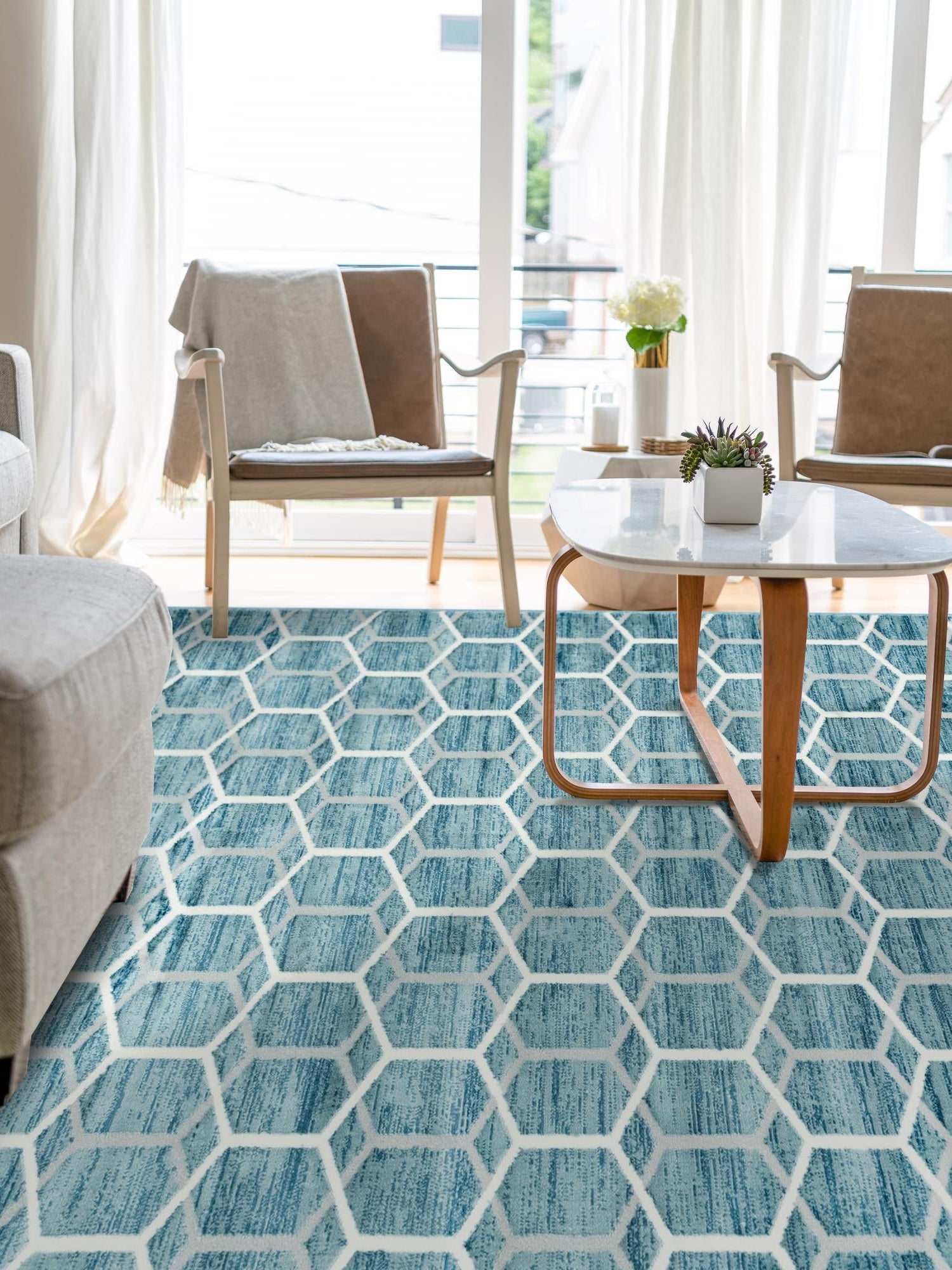 Blue 7' x 10' Matrix Trellis Rectangle Area Rug 100% Polyester Geometric Pattern Modern Carpet for Living, Dining, Bedroom, Office for Sale at Rug Engine