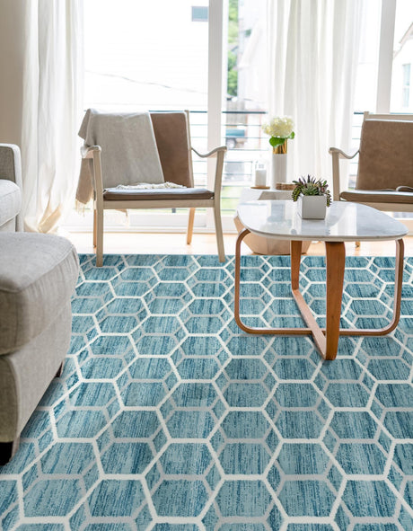 Blue 7' x 10' Matrix Trellis Rectangle Area Rug 100% Polyester Geometric Pattern Modern Carpet for Living, Dining, Bedroom, Office for Sale at Rug Engine