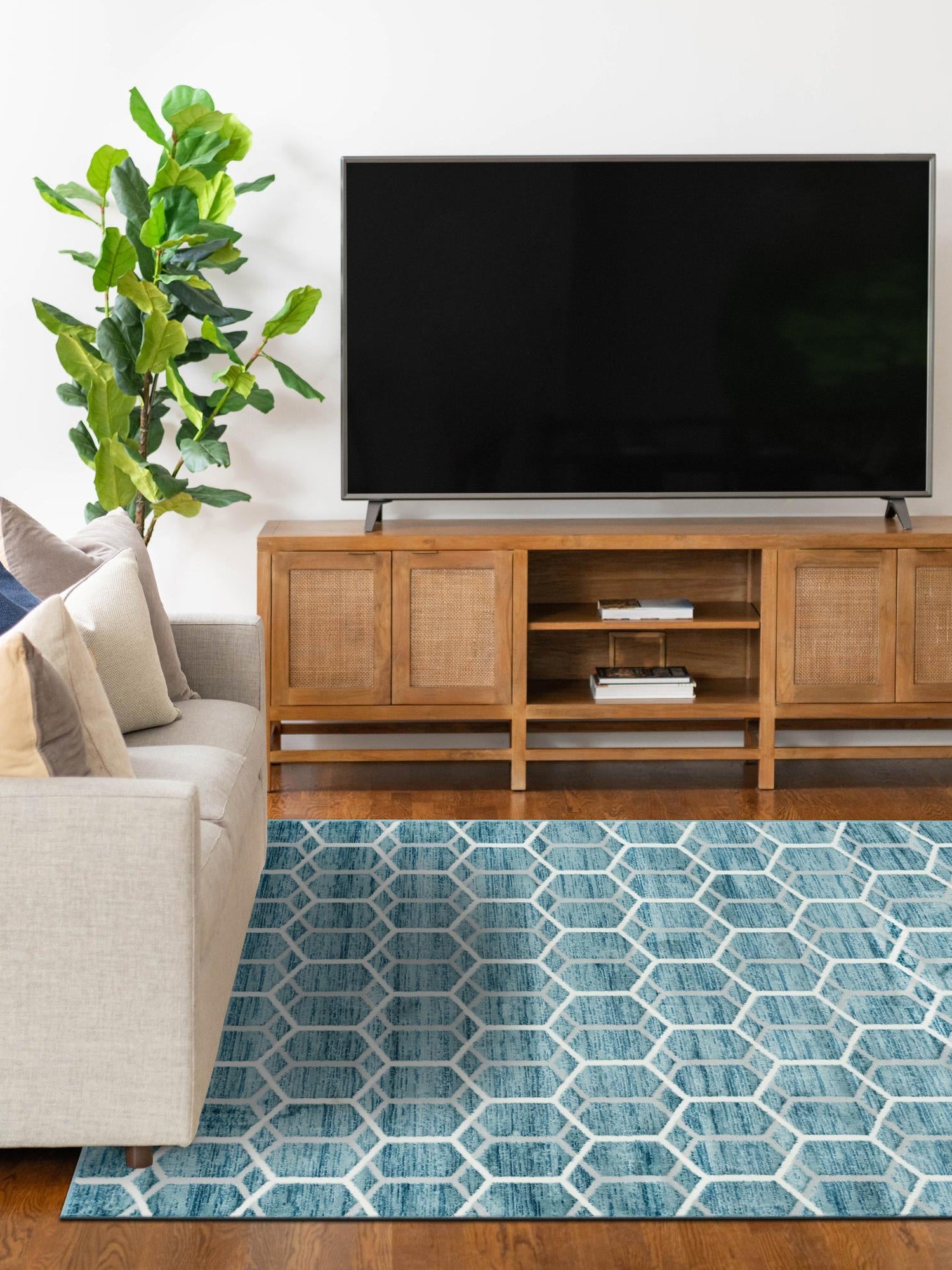 Blue 7' x 10' Matrix Trellis Rectangle Area Rug 100% Polyester Geometric Pattern Modern Carpet for Living, Dining, Bedroom, Office for Sale at Rug Engine