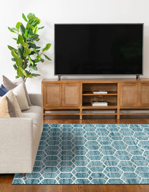 Blue 7' x 10' Matrix Trellis Rectangle Area Rug 100% Polyester Geometric Pattern Modern Carpet for Living, Dining, Bedroom, Office for Sale at Rug Engine