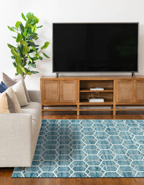 Blue 7' x 10' Matrix Trellis Rectangle Area Rug 100% Polyester Geometric Pattern Modern Carpet for Living, Dining, Bedroom, Office for Sale at Rug Engine