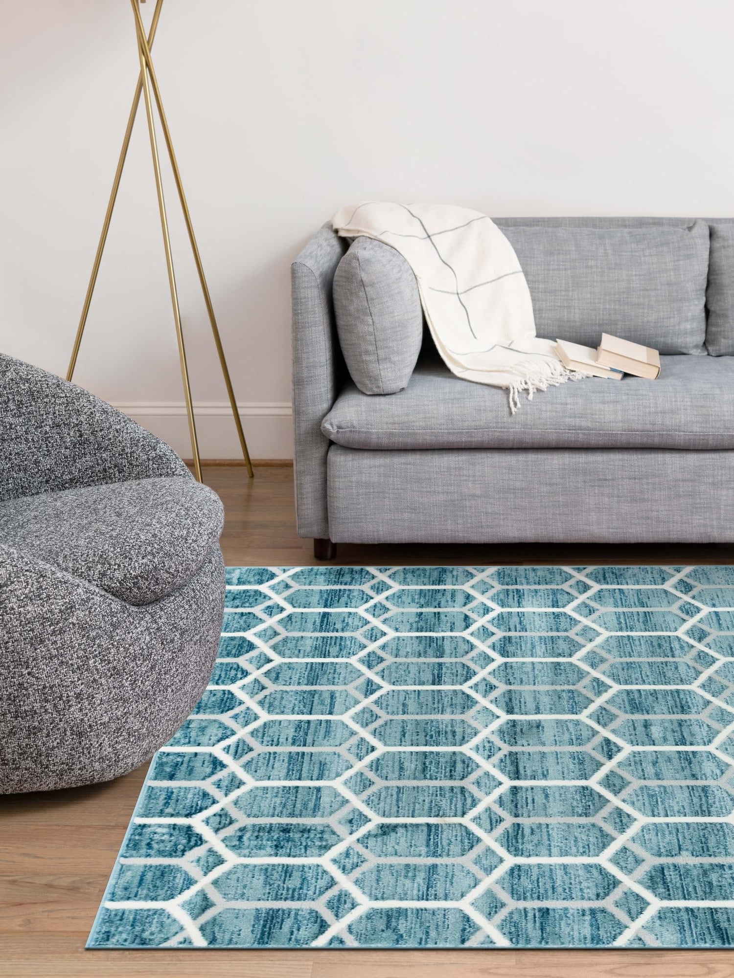 Blue 7' x 10' Matrix Trellis Rectangle Area Rug 100% Polyester Geometric Pattern Modern Carpet for Living, Dining, Bedroom, Office for Sale at Rug Engine