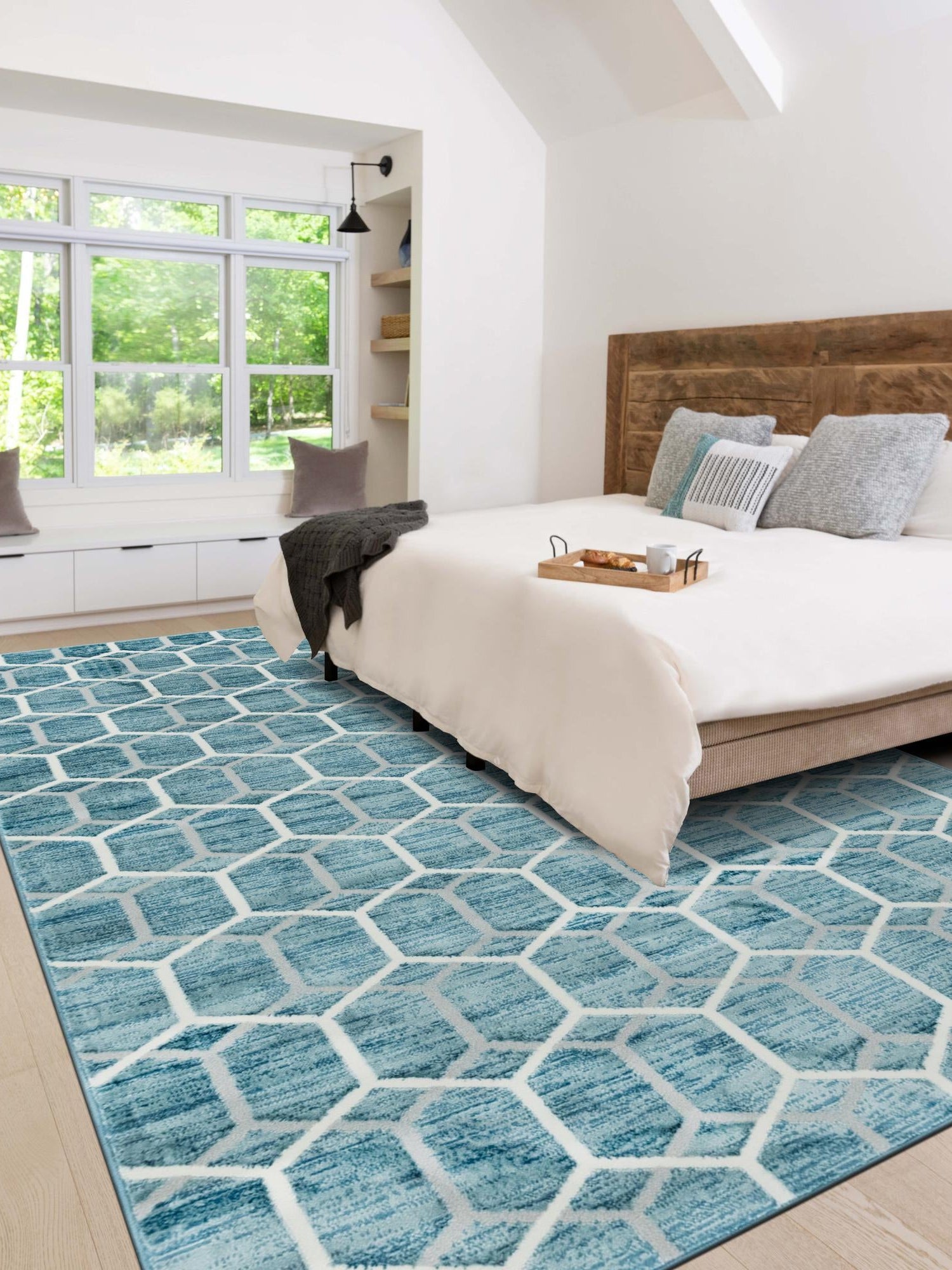 Blue 7' x 10' Matrix Trellis Rectangle Area Rug 100% Polyester Geometric Pattern Modern Carpet for Living, Dining, Bedroom, Office for Sale at Rug Engine