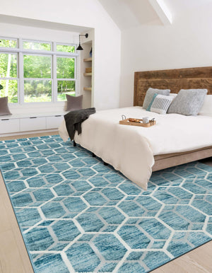 Blue 7' x 10' Matrix Trellis Rectangle Area Rug 100% Polyester Geometric Pattern Modern Carpet for Living, Dining, Bedroom, Office for Sale at Rug Engine