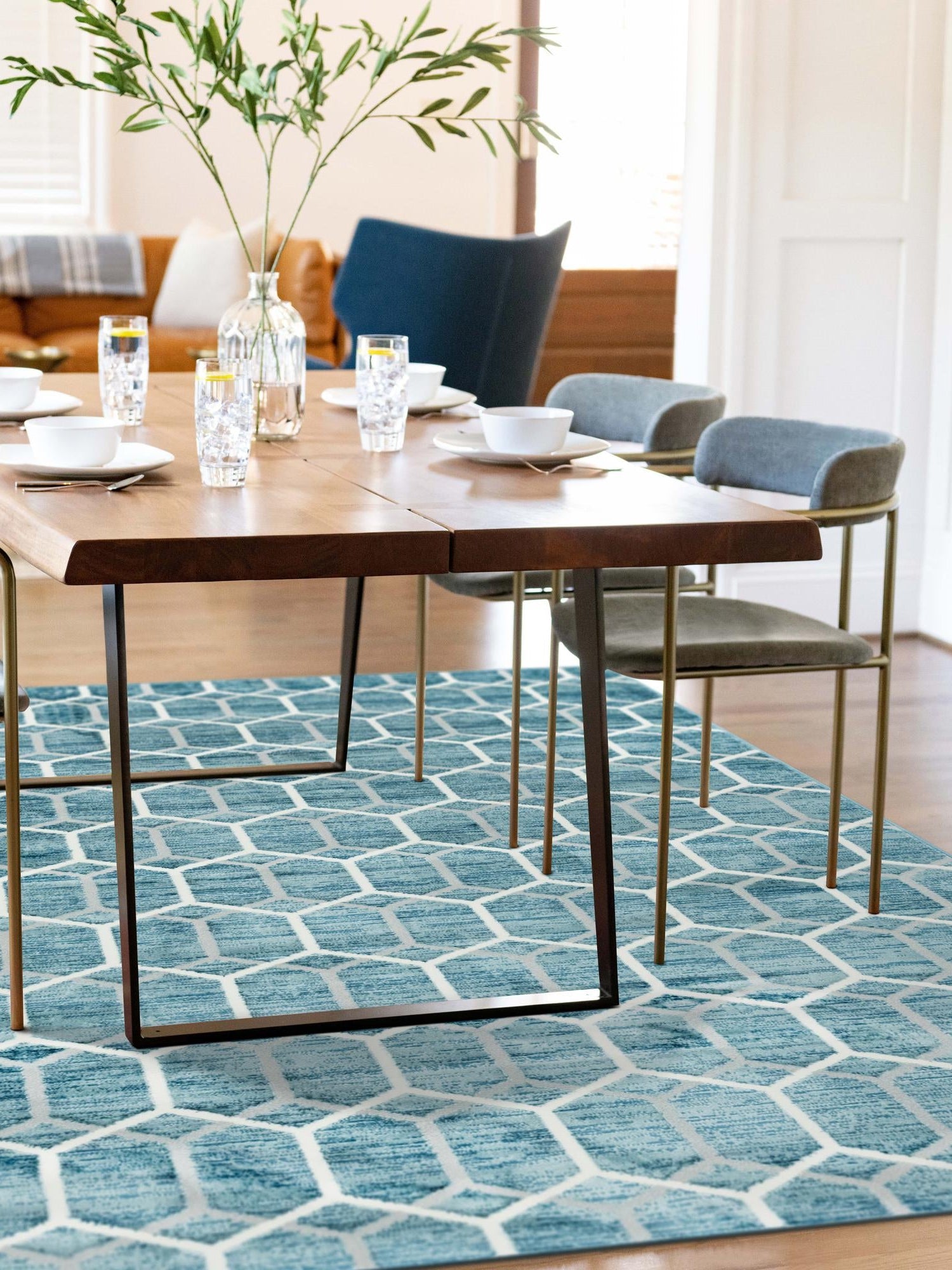 Blue 7' x 10' Matrix Trellis Rectangle Area Rug 100% Polyester Geometric Pattern Modern Carpet for Living, Dining, Bedroom, Office for Sale at Rug Engine