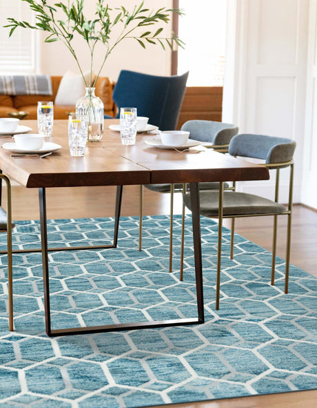 Blue 7' x 10' Matrix Trellis Rectangle Area Rug 100% Polyester Geometric Pattern Modern Carpet for Living, Dining, Bedroom, Office for Sale at Rug Engine