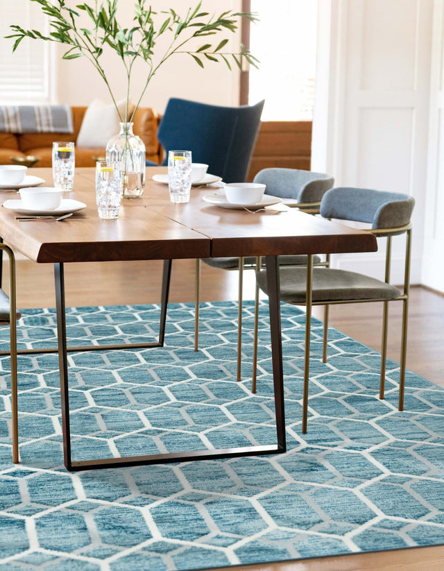 Blue 7' x 10' Matrix Trellis Rectangle Area Rug 100% Polyester Geometric Pattern Modern Carpet for Living, Dining, Bedroom, Office for Sale at Rug Engine