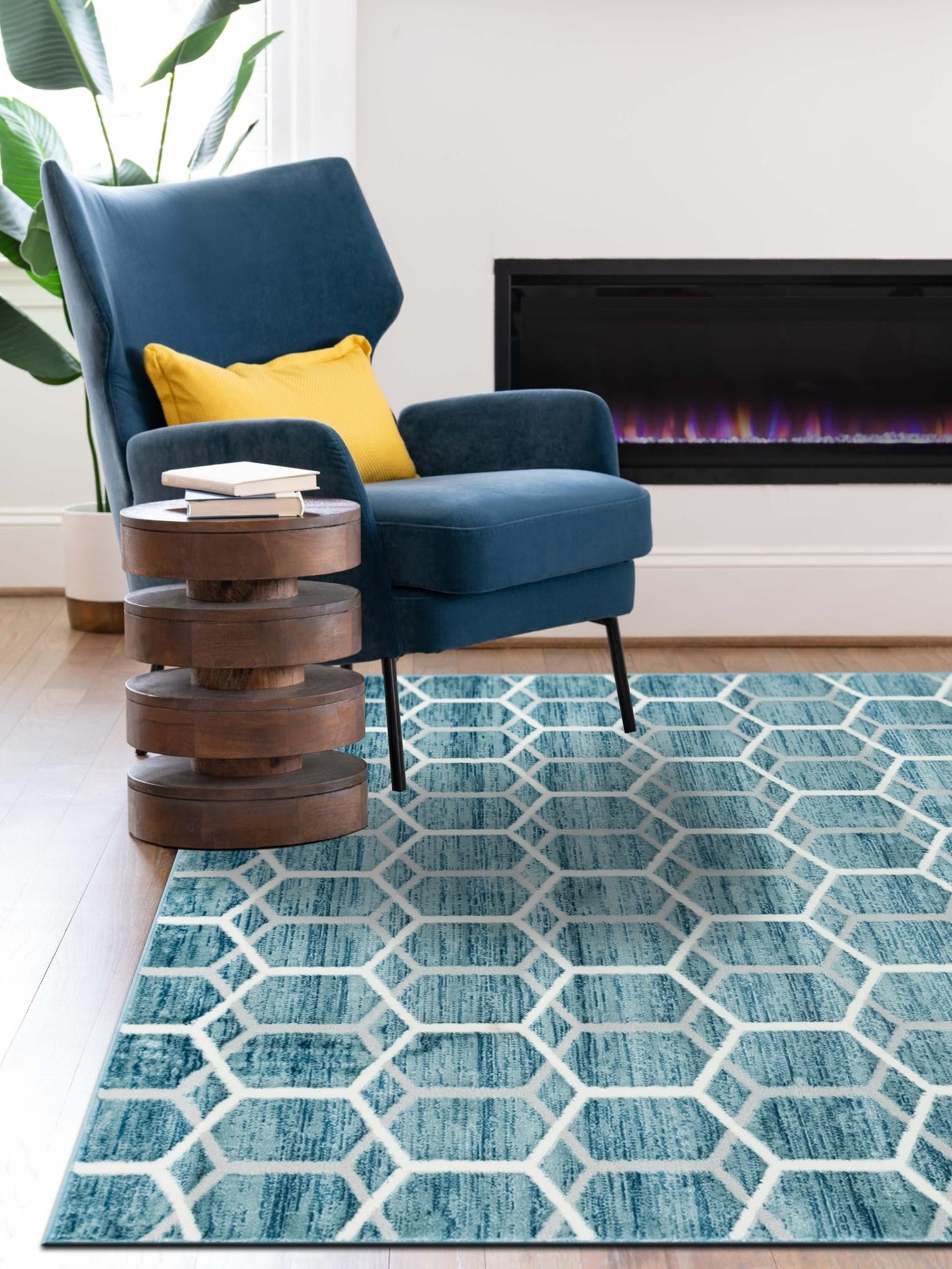 Blue 7' x 10' Matrix Trellis Rectangle Area Rug 100% Polyester Geometric Pattern Modern Carpet for Living, Dining, Bedroom, Office for Sale at Rug Engine