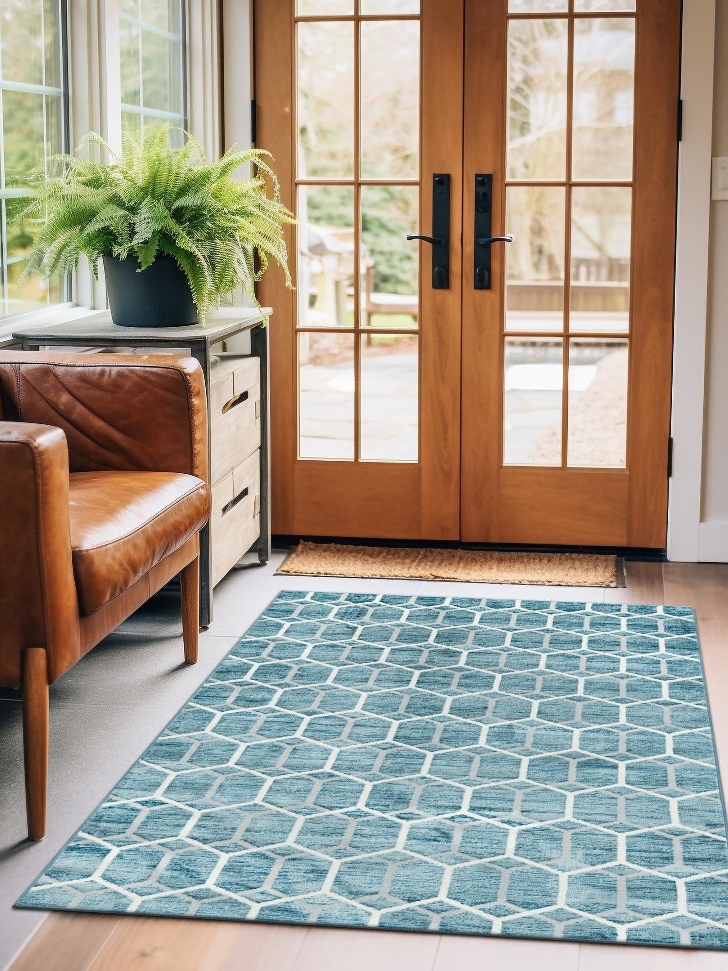 Blue 7' x 10' Matrix Trellis Rectangle Area Rug 100% Polyester Geometric Pattern Modern Carpet for Living, Dining, Bedroom, Office for Sale at Rug Engine