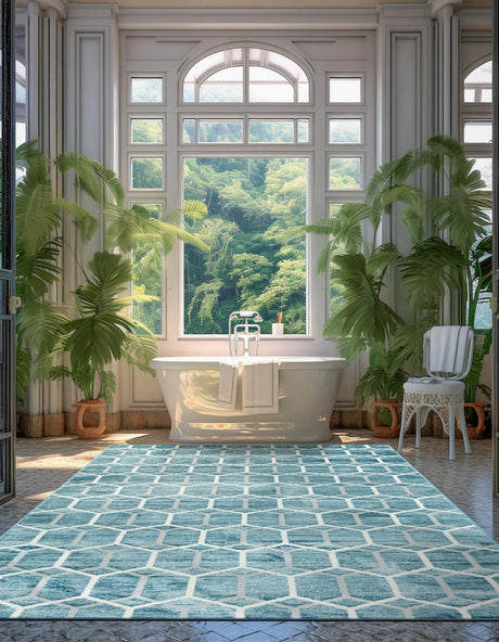 Blue 7' x 10' Matrix Trellis Rectangle Area Rug 100% Polyester Geometric Pattern Modern Carpet for Living, Dining, Bedroom, Office for Sale at Rug Engine