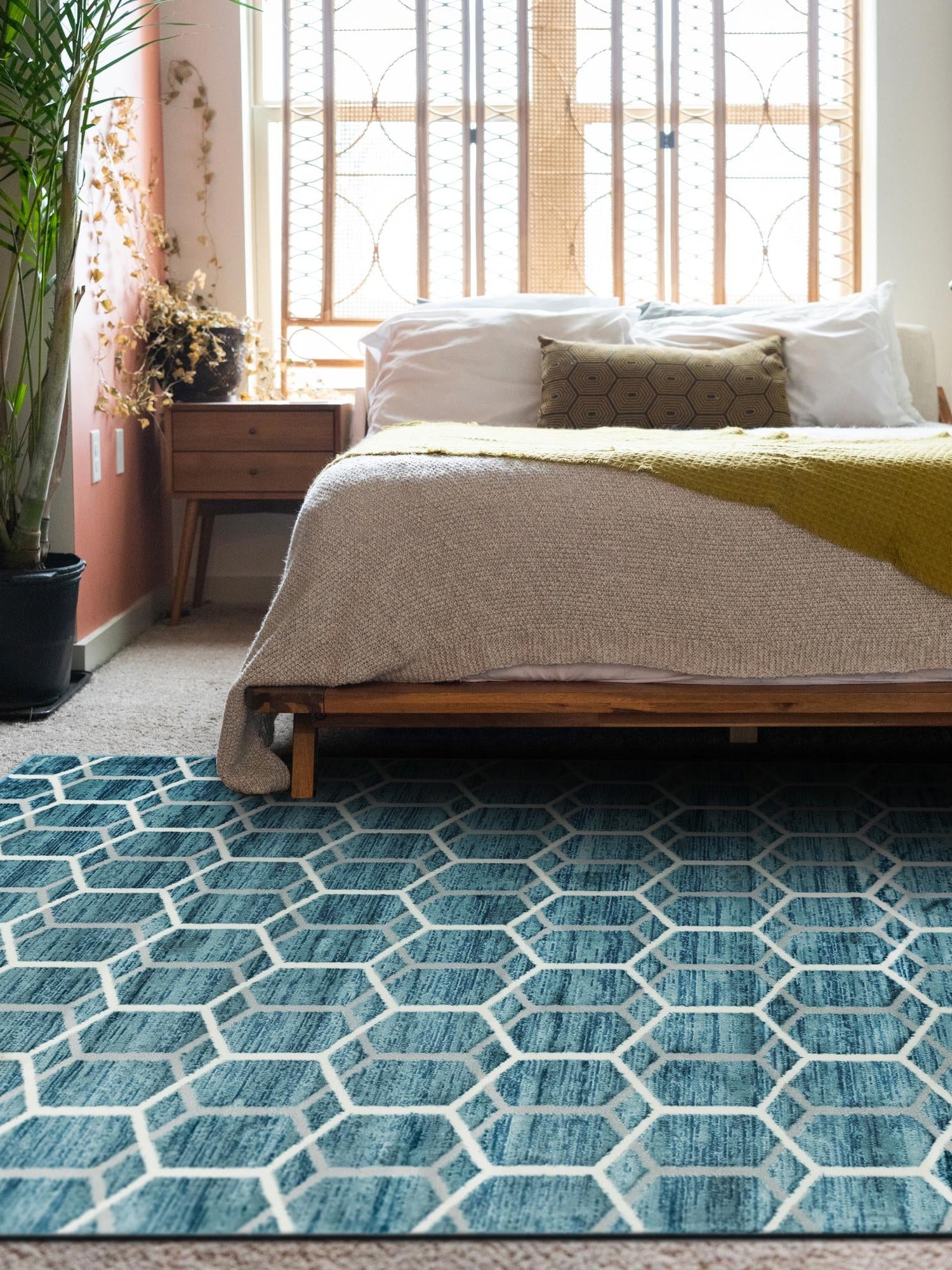Blue 7' x 10' Matrix Trellis Rectangle Area Rug 100% Polyester Geometric Pattern Modern Carpet for Living, Dining, Bedroom, Office for Sale at Rug Engine