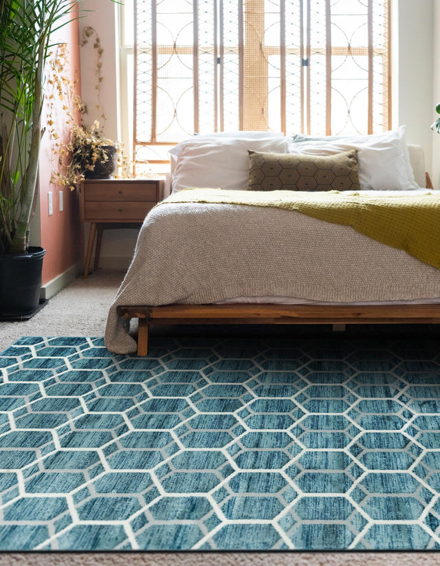 Blue 7' x 10' Matrix Trellis Rectangle Area Rug 100% Polyester Geometric Pattern Modern Carpet for Living, Dining, Bedroom, Office for Sale at Rug Engine