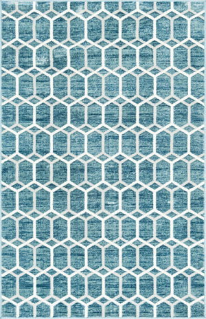 Blue 5' 1 x 8' Matrix Trellis Rectangle Area Rug 100% Polyester Geometric Pattern Modern Carpet for Living, Dining, Bedroom, Office for Sale at Rug Engine