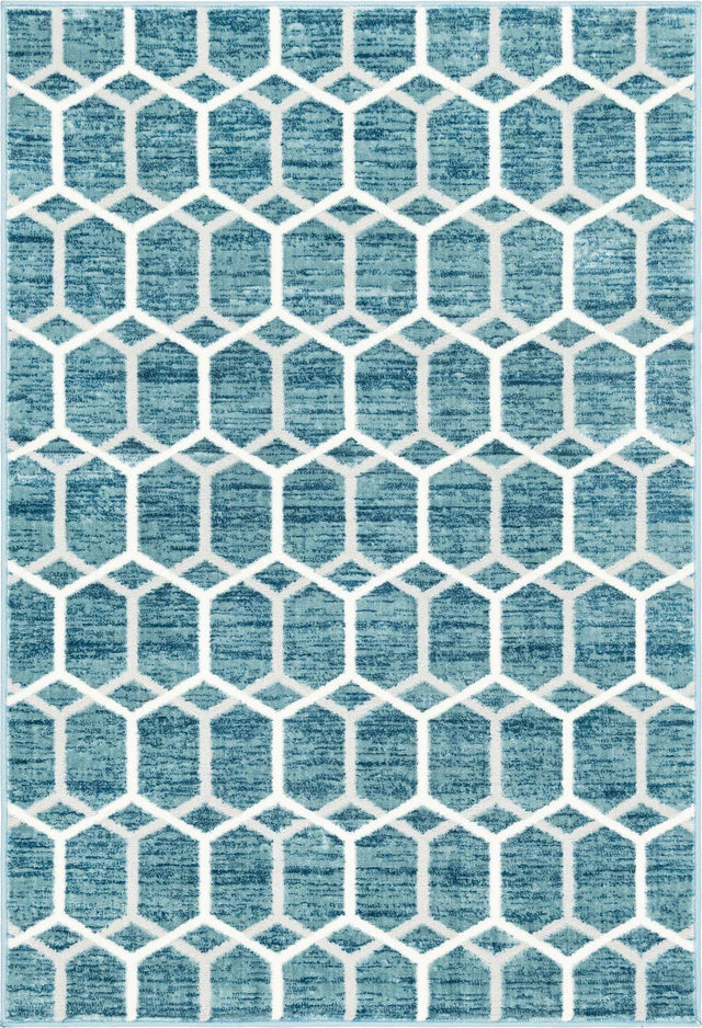 Blue 4' 1 x 6' 1 Matrix Trellis Rectangle Area Rug 100% Polyester Geometric Pattern Modern Carpet for Living, Dining, Bedroom, Office for Sale at Rug Engine