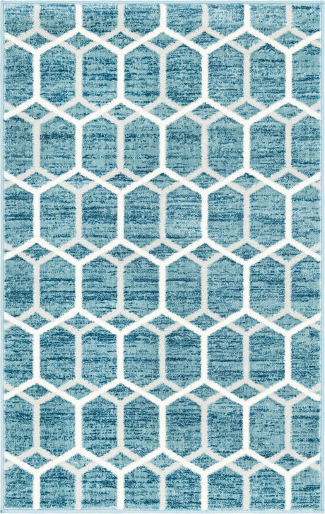 Blue 3' 3 x 5' 3 Matrix Trellis Rectangle Area Rug 100% Polyester Geometric Pattern Modern Carpet for Living, Dining, Bedroom, Office for Sale at Rug Engine