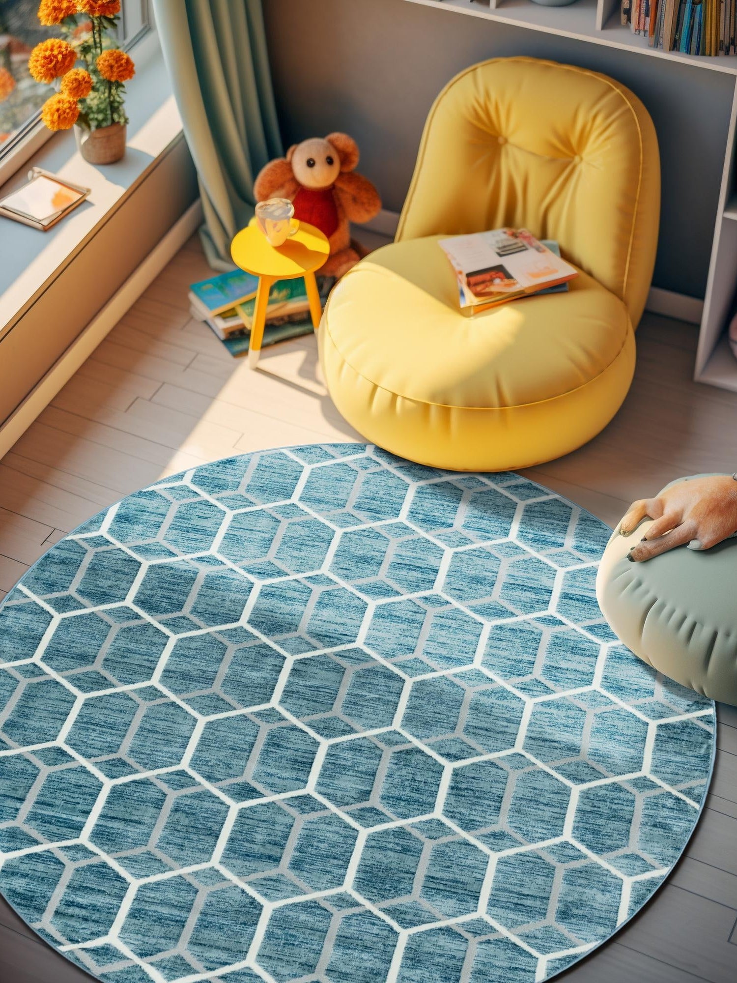 Blue 8' x 8' Matrix Trellis Round Area Rug 100% Polyester Geometric Pattern Modern Carpet for Living, Dining, Bedroom, Office for Sale at Rug Engine