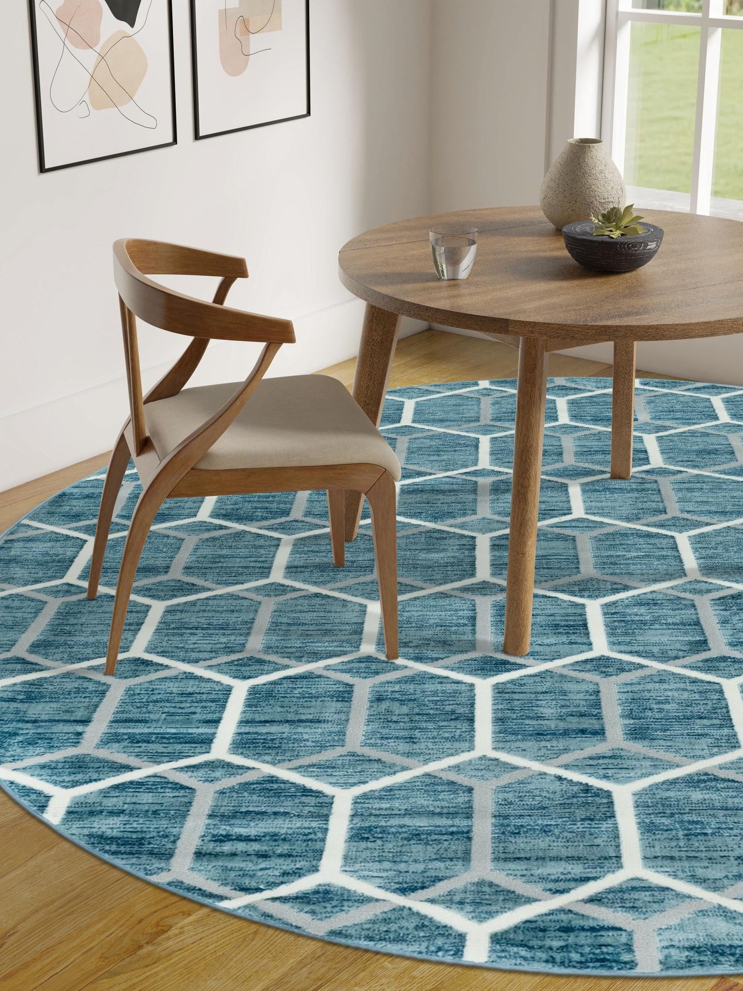Blue 8' x 8' Matrix Trellis Round Area Rug 100% Polyester Geometric Pattern Modern Carpet for Living, Dining, Bedroom, Office for Sale at Rug Engine