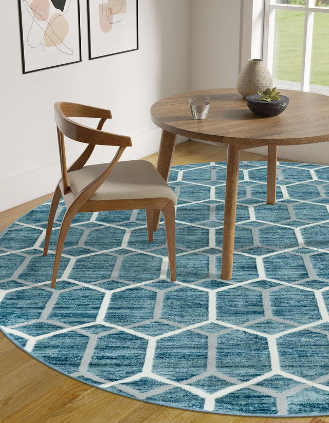 Blue 3' 3 x 3' 3 Matrix Trellis Round Area Rug 100% Polyester Geometric Pattern Modern Carpet for Living, Dining, Bedroom, Office for Sale at Rug Engine