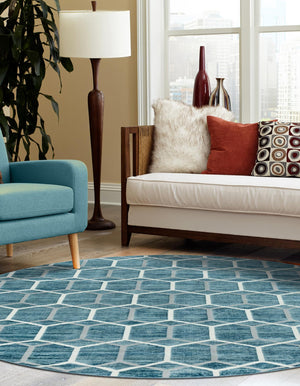 Blue 7' x 7' Matrix Trellis Round Area Rug 100% Polyester Geometric Pattern Modern Carpet for Living, Dining, Bedroom, Office for Sale at Rug Engine