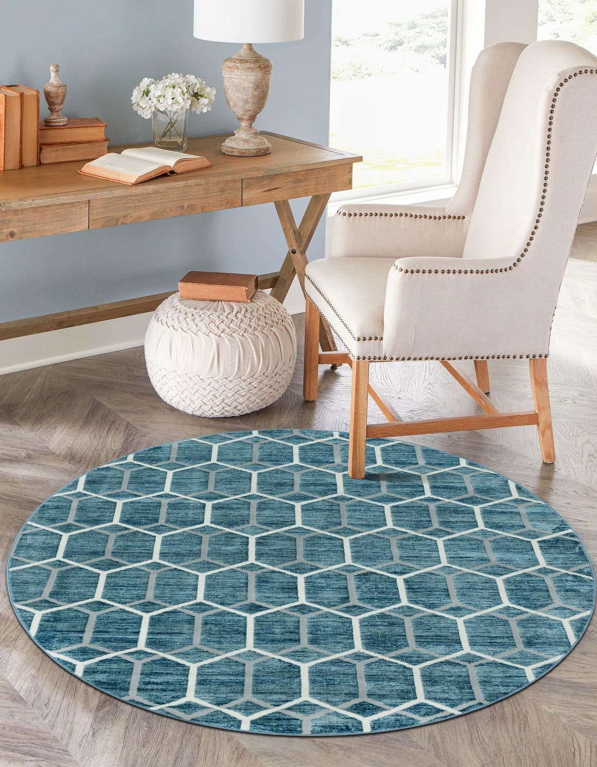 Blue 3' 3 x 3' 3 Matrix Trellis Round Area Rug 100% Polyester Geometric Pattern Modern Carpet for Living, Dining, Bedroom, Office for Sale at Rug Engine