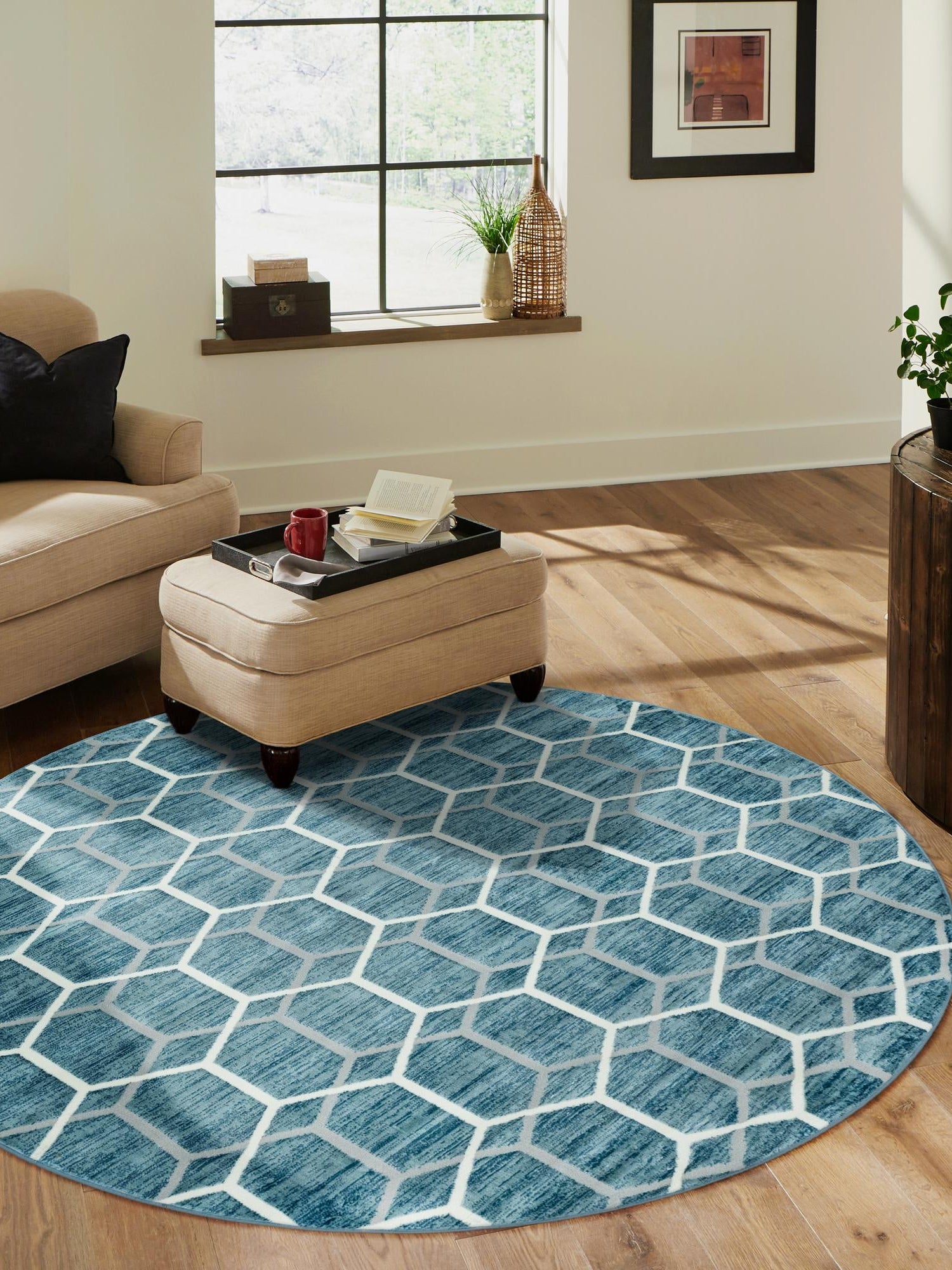 Blue 5' x 5' Matrix Trellis Round Area Rug 100% Polyester Geometric Pattern Modern Carpet for Living, Dining, Bedroom, Office for Sale at Rug Engine