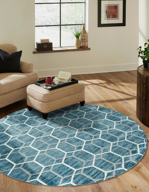 Blue 3' 3 x 3' 3 Matrix Trellis Round Area Rug 100% Polyester Geometric Pattern Modern Carpet for Living, Dining, Bedroom, Office for Sale at Rug Engine