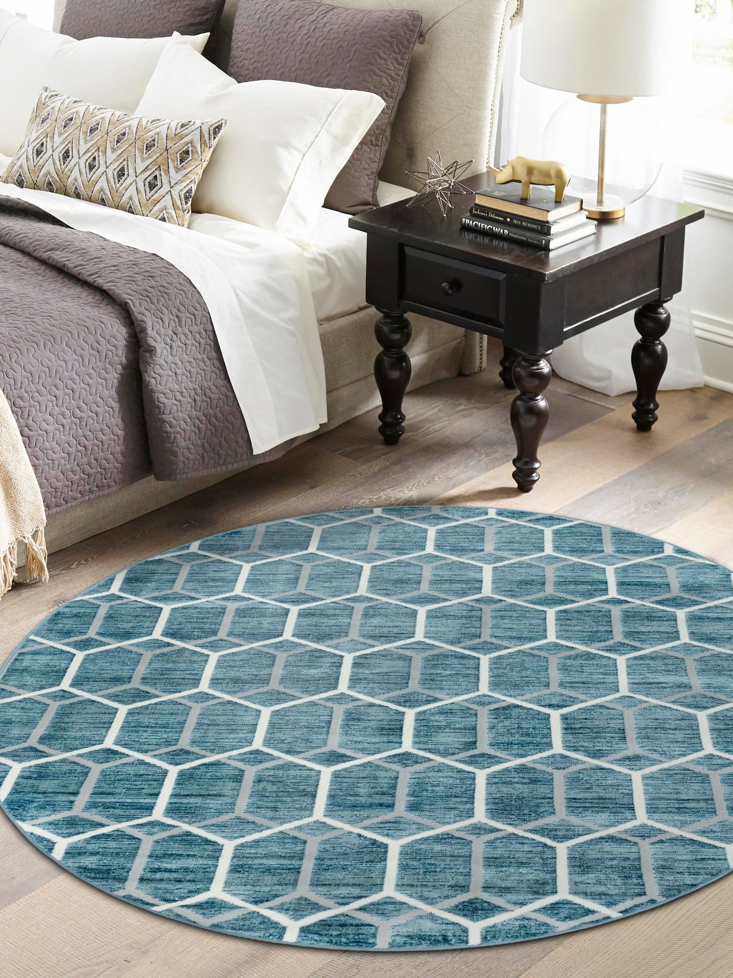 Blue 3' 3 x 3' 3 Matrix Trellis Round Area Rug 100% Polyester Geometric Pattern Modern Carpet for Living, Dining, Bedroom, Office for Sale at Rug Engine
