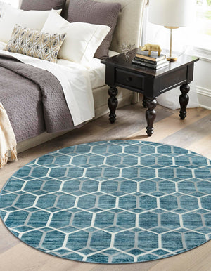 Blue 3' 3 x 3' 3 Matrix Trellis Round Area Rug 100% Polyester Geometric Pattern Modern Carpet for Living, Dining, Bedroom, Office for Sale at Rug Engine