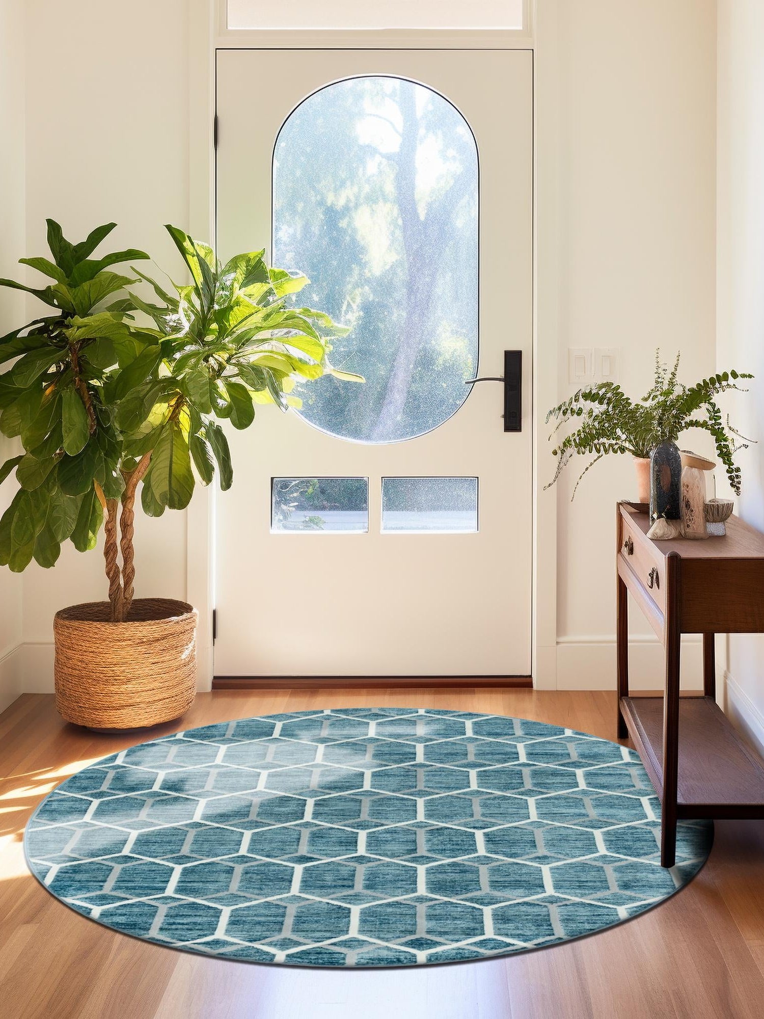 Blue 3' 3 x 3' 3 Matrix Trellis Round Area Rug 100% Polyester Geometric Pattern Modern Carpet for Living, Dining, Bedroom, Office for Sale at Rug Engine