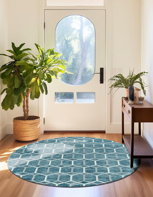 Blue 3' 3 x 3' 3 Matrix Trellis Round Area Rug 100% Polyester Geometric Pattern Modern Carpet for Living, Dining, Bedroom, Office for Sale at Rug Engine