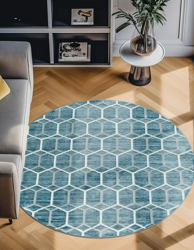Blue 3' 3 x 3' 3 Matrix Trellis Round Area Rug 100% Polyester Geometric Pattern Modern Carpet for Living, Dining, Bedroom, Office for Sale at Rug Engine
