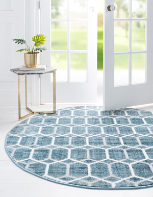 Blue 7' x 7' Matrix Trellis Round Area Rug 100% Polyester Geometric Pattern Modern Carpet for Living, Dining, Bedroom, Office for Sale at Rug Engine
