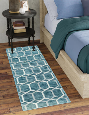 Blue 3' x 10' Matrix Trellis Runner Area Rug 100% Polyester Geometric Pattern Modern Carpet for Living, Dining, Bedroom, Office for Sale at Rug Engine