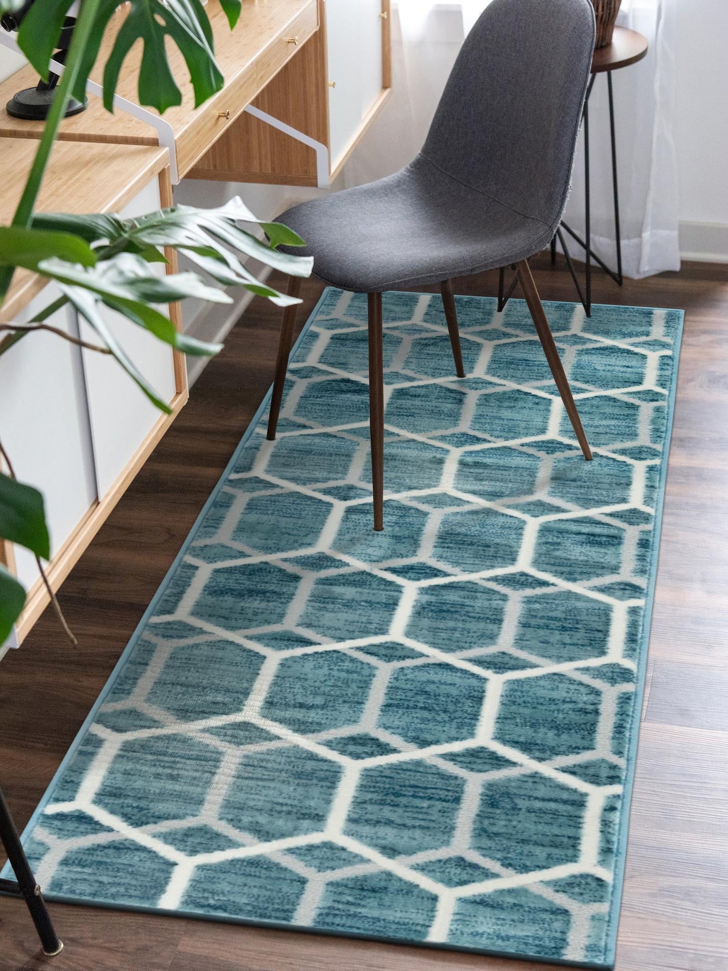 Blue 2' 7 x 13' Matrix Trellis Runner Area Rug 100% Polyester Geometric Pattern Modern Carpet for Living, Dining, Bedroom, Office for Sale at Rug Engine