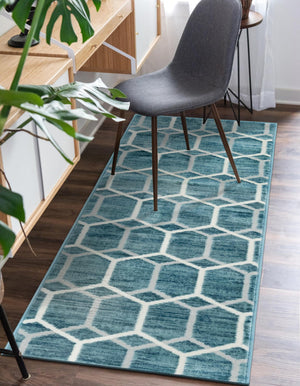 Blue 2' 7 x 13' Matrix Trellis Runner Area Rug 100% Polyester Geometric Pattern Modern Carpet for Living, Dining, Bedroom, Office for Sale at Rug Engine