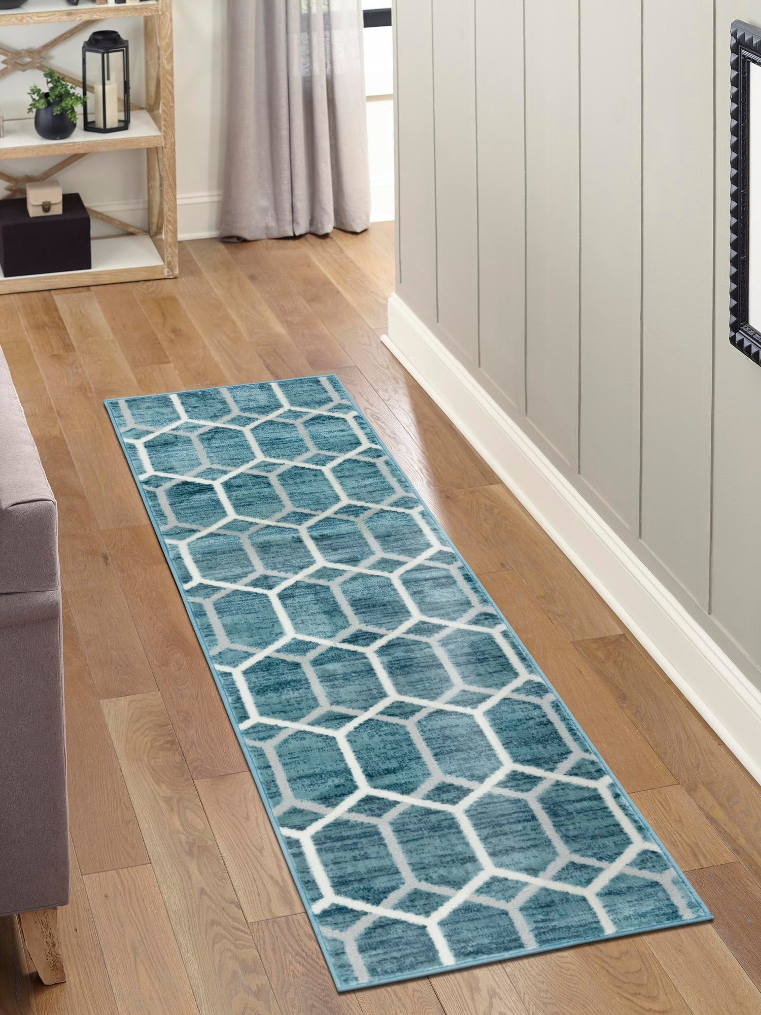 Blue 2' 7 x 13' Matrix Trellis Runner Area Rug 100% Polyester Geometric Pattern Modern Carpet for Living, Dining, Bedroom, Office for Sale at Rug Engine