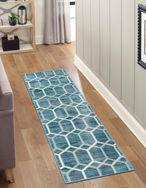 Blue 2' 7 x 13' Matrix Trellis Runner Area Rug 100% Polyester Geometric Pattern Modern Carpet for Living, Dining, Bedroom, Office for Sale at Rug Engine