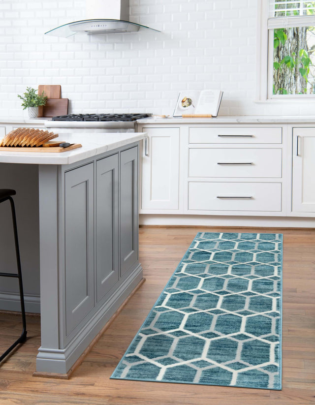 Blue 2' 7 x 13' Matrix Trellis Runner Area Rug 100% Polyester Geometric Pattern Modern Carpet for Living, Dining, Bedroom, Office for Sale at Rug Engine