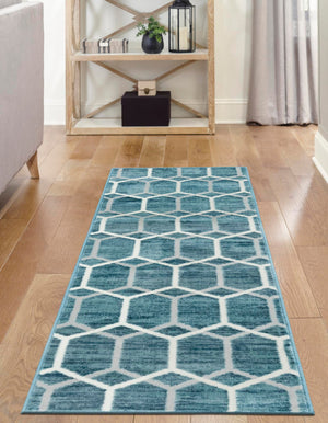 Blue 2' x 8' Matrix Trellis Runner Area Rug 100% Polyester Geometric Pattern Modern Carpet for Living, Dining, Bedroom, Office for Sale at Rug Engine