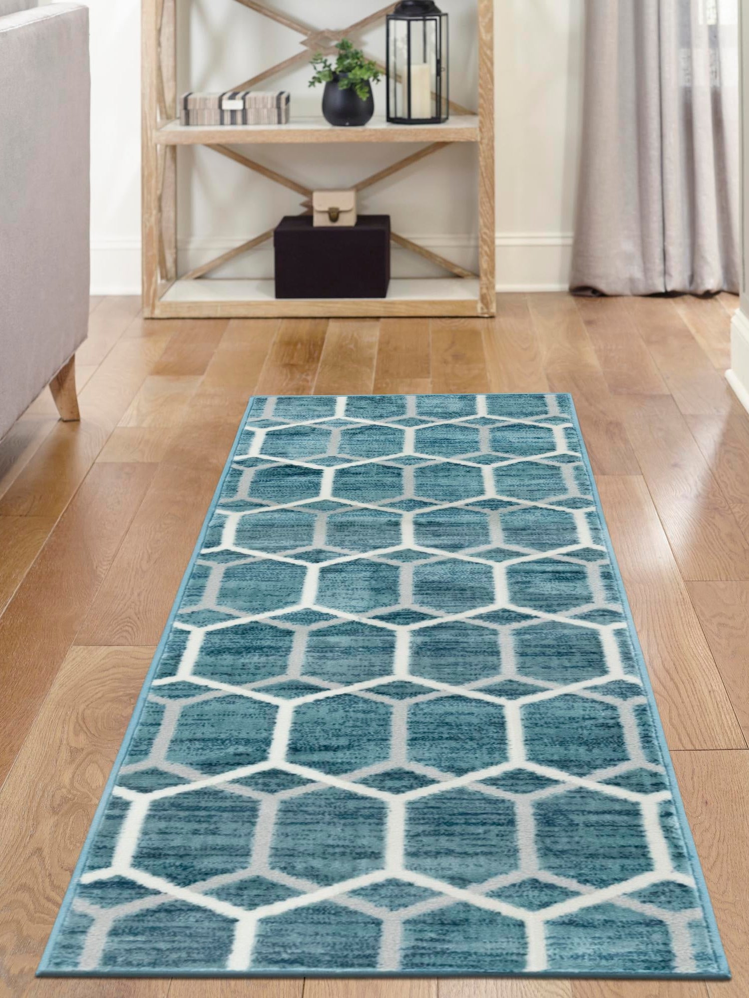 Blue 3' x 10' Matrix Trellis Runner Area Rug 100% Polyester Geometric Pattern Modern Carpet for Living, Dining, Bedroom, Office for Sale at Rug Engine
