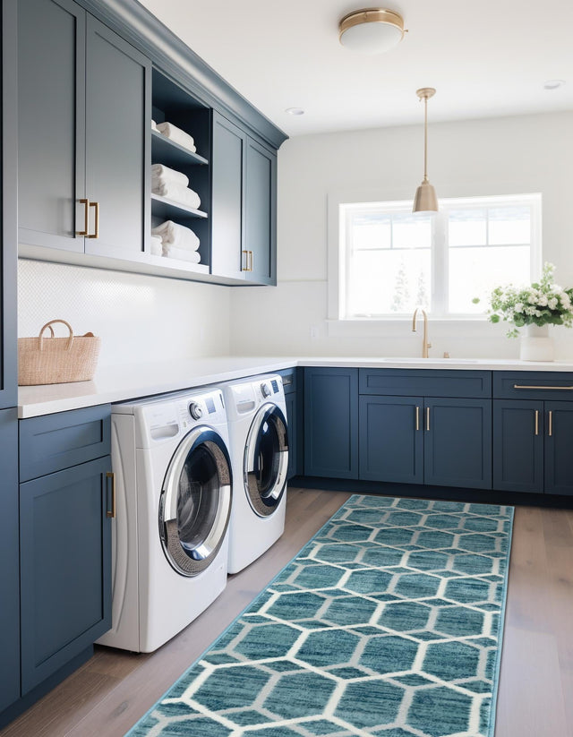 Blue 2' x 8' Matrix Trellis Runner Area Rug 100% Polyester Geometric Pattern Modern Carpet for Living, Dining, Bedroom, Office for Sale at Rug Engine