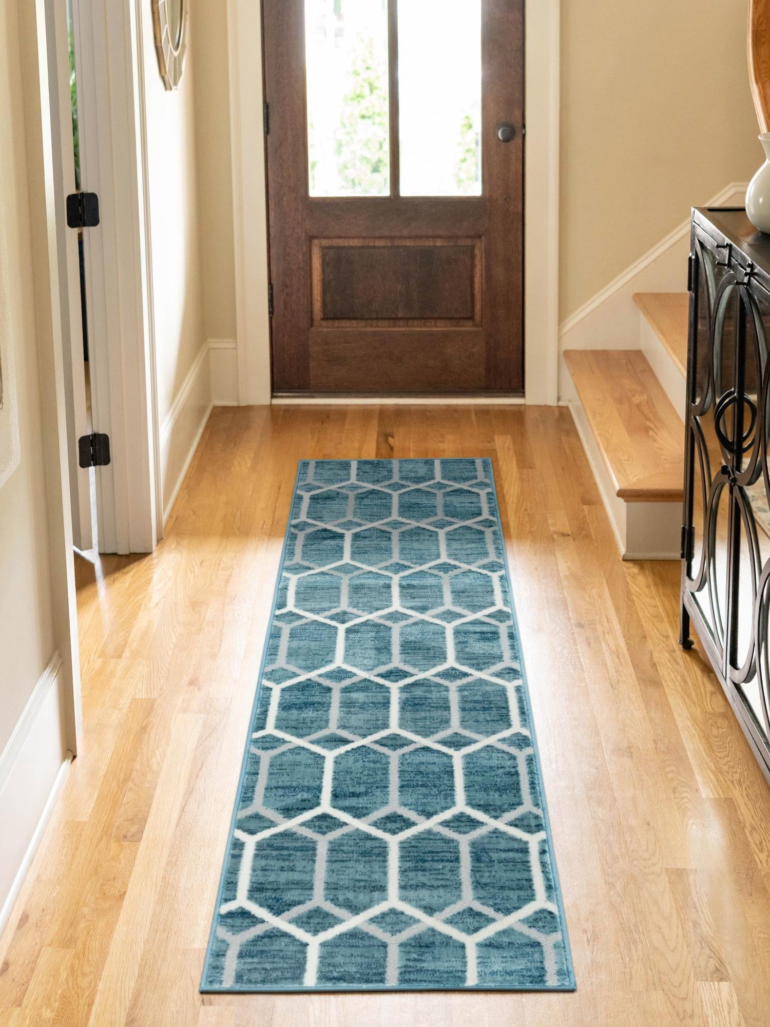 Blue 3' x 10' Matrix Trellis Runner Area Rug 100% Polyester Geometric Pattern Modern Carpet for Living, Dining, Bedroom, Office for Sale at Rug Engine