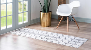 White 2' 11 x 19' 8 Matrix Trellis Runner Area Rug 100% Polyester Geometric Pattern Modern Carpet for Living, Dining, Bedroom, Office for Sale at Rug Engine